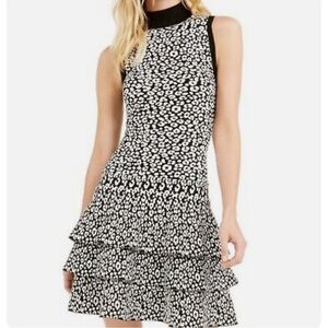 NWT MICHAEL KORS Black/White Leopard Print Sleeveless Ruffle Mini Dress Sz XS